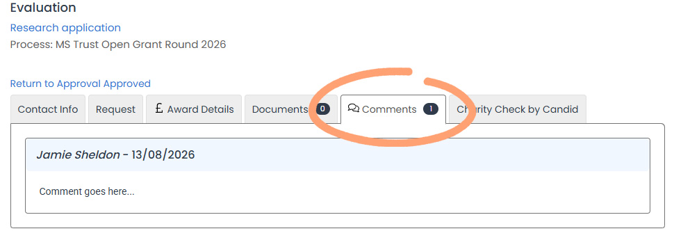 Grants portal comments section