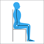 Diagram of good posture in sitting - chin in, shoulders down and back, curve in lower back, hips, kenees and ankles at right angles