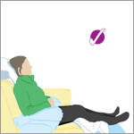 Diagram of good posture when sitting on a sofa - feet up, keep the 'spine in line'