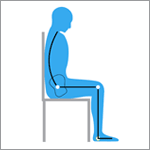 Diagram of poor posture in sitting - chin forward, shoulders hunched, spine in C shape, knees above or below hips