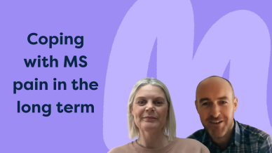 Text saying: "Coping with MS pain in the long term" and picture of guests Heather and Phil