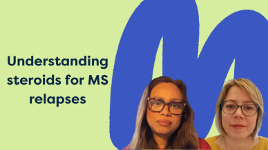 Text saying Understanding steroids for MS relapses and two women, the two guests for the podcast, Mavis and Stavroula 