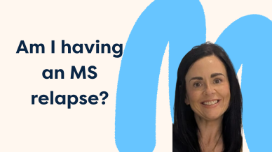 Text saying "Am I having an MS relapse?" and a picture of Cat Alexander the nurse on the podcast