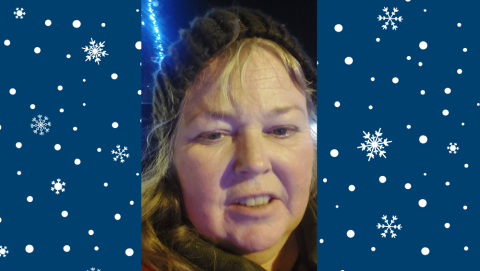 Antoinette against a navy blue background with snow graphics.