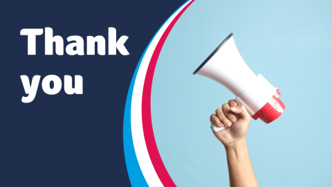 A megaphone raised in one hand and the words 'thank you'