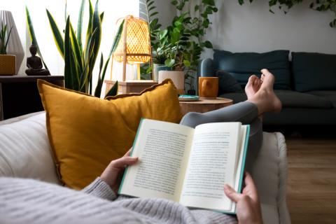 POV of young woman relaxing at home reading a book lying on sofa.