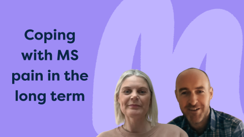 Text saying: "Coping with MS pain in the long term" and picture of guests Heather and Phil